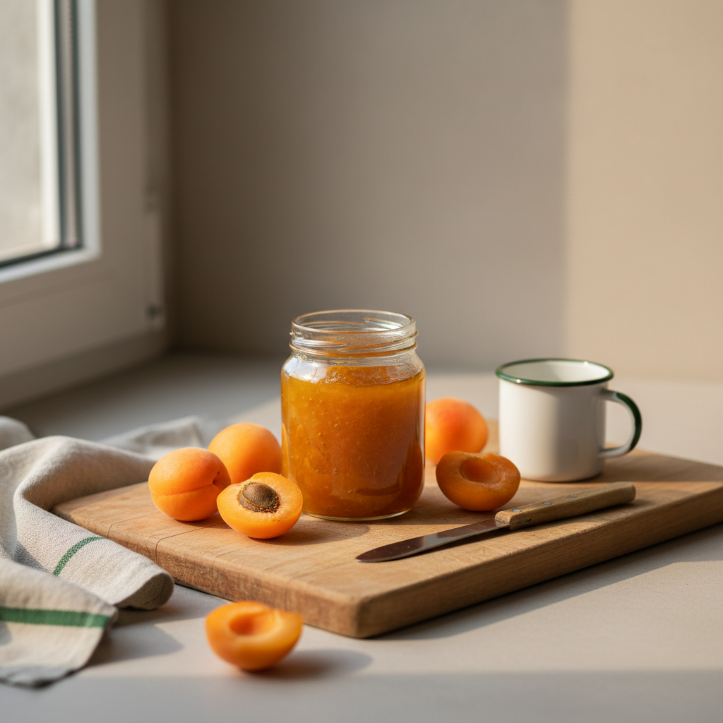 Nahaufnahme eines Glases Marillenmarmelade auf Holzbrett, frische Aprikosen verstreut, warmes Licht, neutraler Hintergrund #dbdbcf, dezente Akzente #a5cd8d