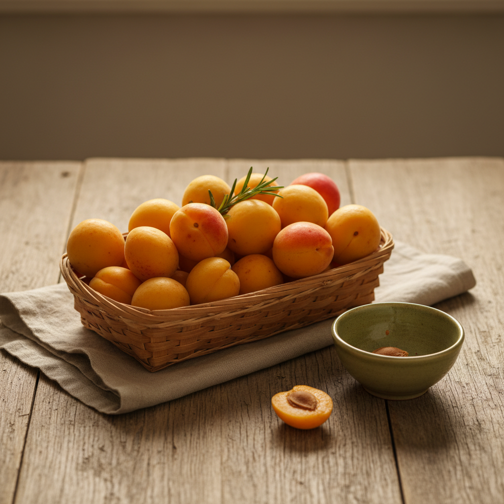 Close-up-Korb mit Mirabellen und Aprikosen auf rustikalem Holztisch, warmes Fensterlicht, minimalistisches Arrangement – Mirabellen vs Aprikosen