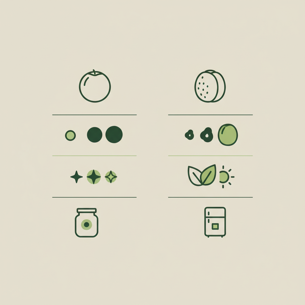 Vergleichsinfografik Mirabellen vs Aprikosen in Markenfarben: 2D Vektor-Chart mit Icons für Größe, Geschmack, Saison und Lagerung, minimalistisches Layout