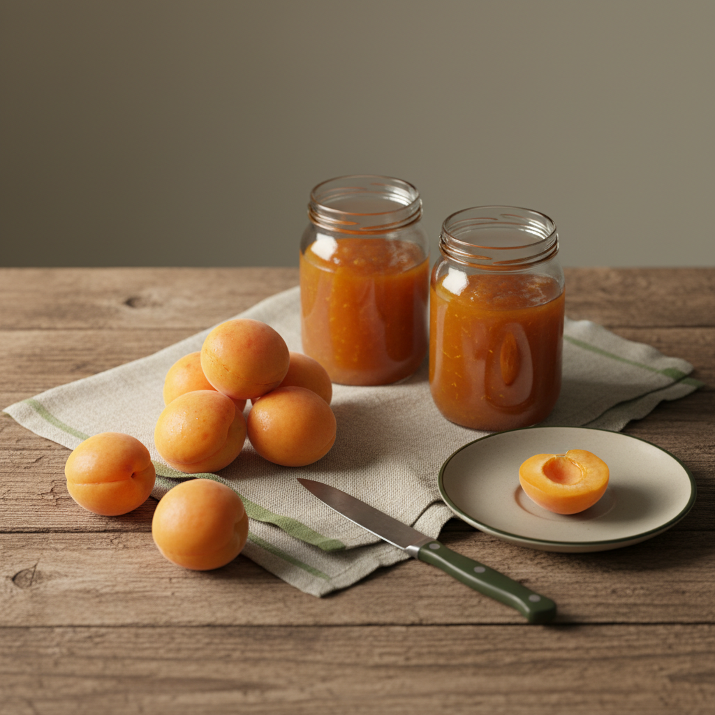 Vollbild Stillleben auf Holztisch mit frischen Marillen, Marmeladengläsern, Leinentuch und kleinem Messer vor #dbdbcf Hintergrund, dezente #a5cd8d Akzente.