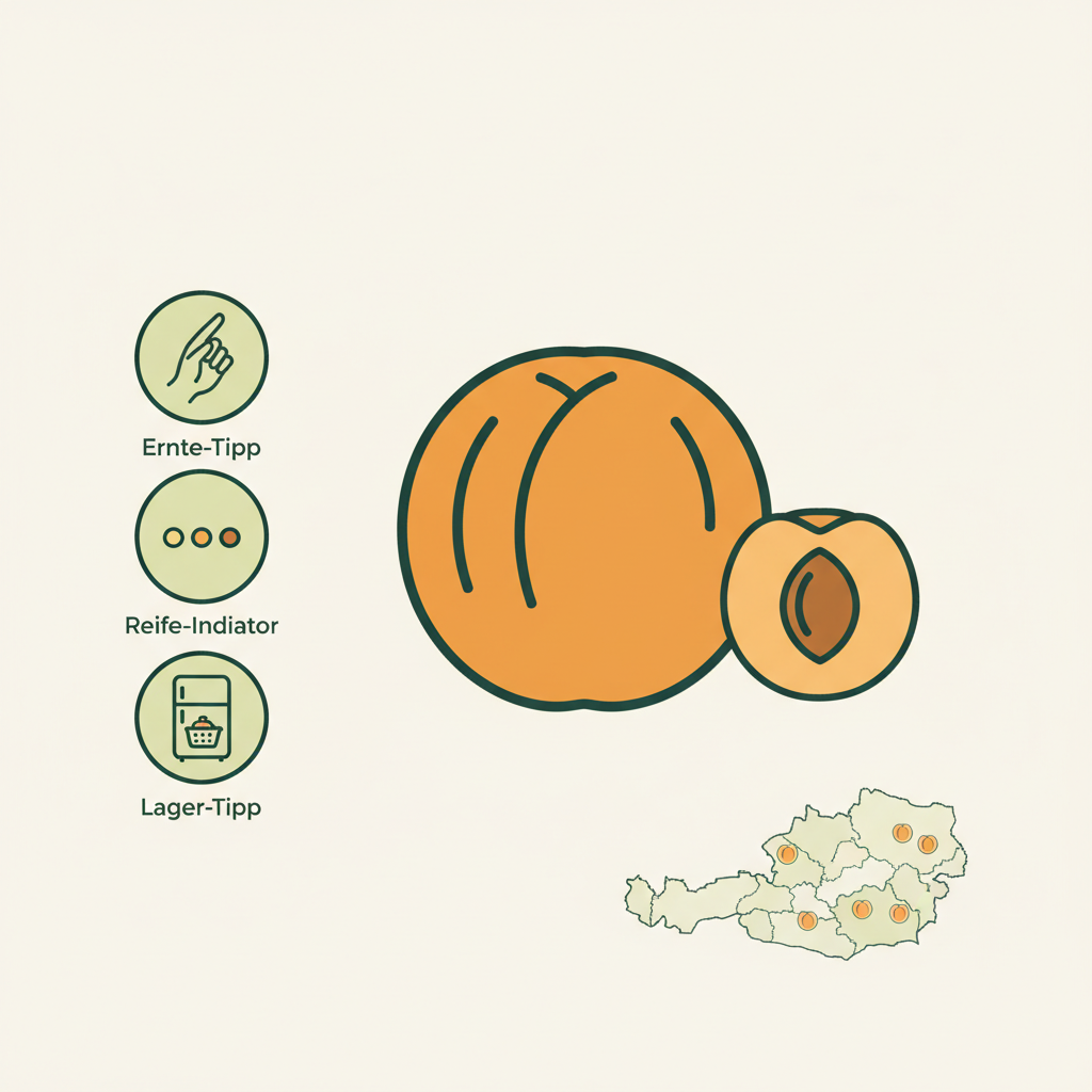 Minimalistische 2D-Vektor-Infografik einer Marille mit Icons zu Ernte-, Reife- und Lager-Tipps sowie einer kleinen schematischen Regionen-Karte in Schnell Lecker Farben