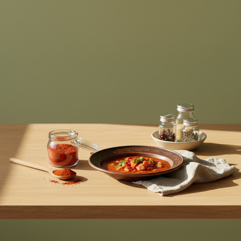 Vollbildaufnahme eines rustikalen Esstisches mit Keramiktellern, Gewürzgläsern und offenem Glas ungarisches Paprikapulver bei warmem Tageslicht