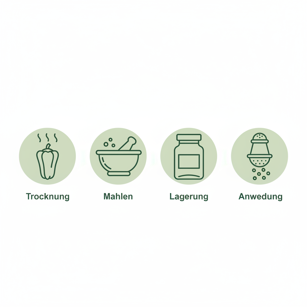 Minimalistische 2D-Vektor-Infografik mit vier Icons für Trocknung, Mahlen, Lagerung und Anwendung von ungarischem Paprikapulver in Schnell Lecker Farben