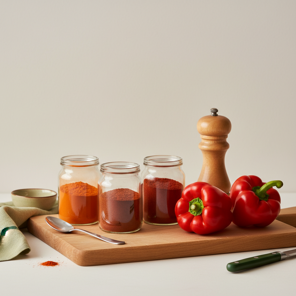 Nahaufnahme: Holzbrett mit drei Gläsern Paprikapulver (mild, geräuchert, scharf), Löffel, frische Paprika und vintage Mühle vor #dbdbcf-Hintergrund – ungarische Paprika