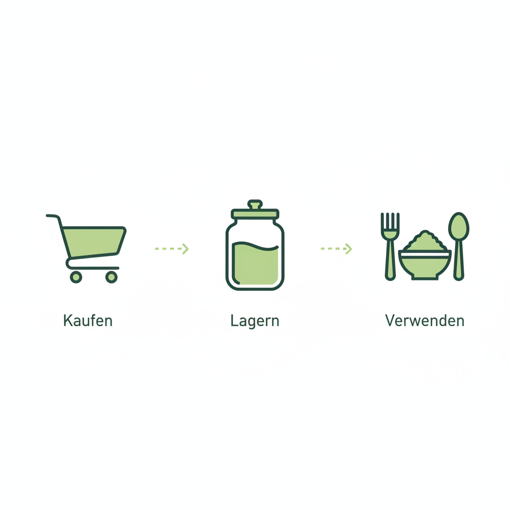 Minimalistische 2D-Vektor-Infografik mit drei Icons für kaufen, lagern und verwenden in Markenfarben (#dbdbcf, #a5cd8d, #21431f), passend zum Artikel über bestes ungarisches Paprika.