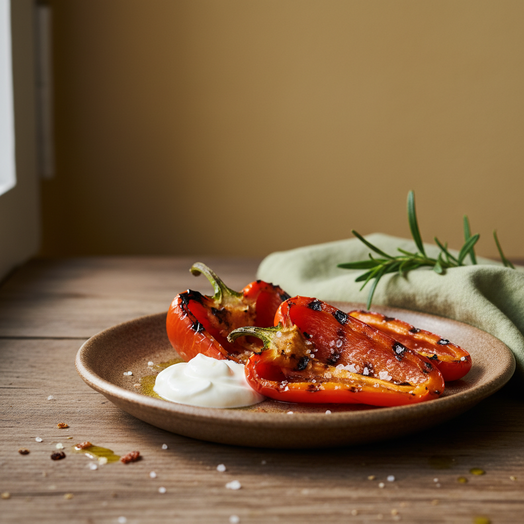 Nahaufnahme gerösteter ungarischer Paprika zubereiten auf rustikalem Teller mit grobem Salz und Sauerrahm, weiches Tageslicht, Hintergrund #dbdbcf