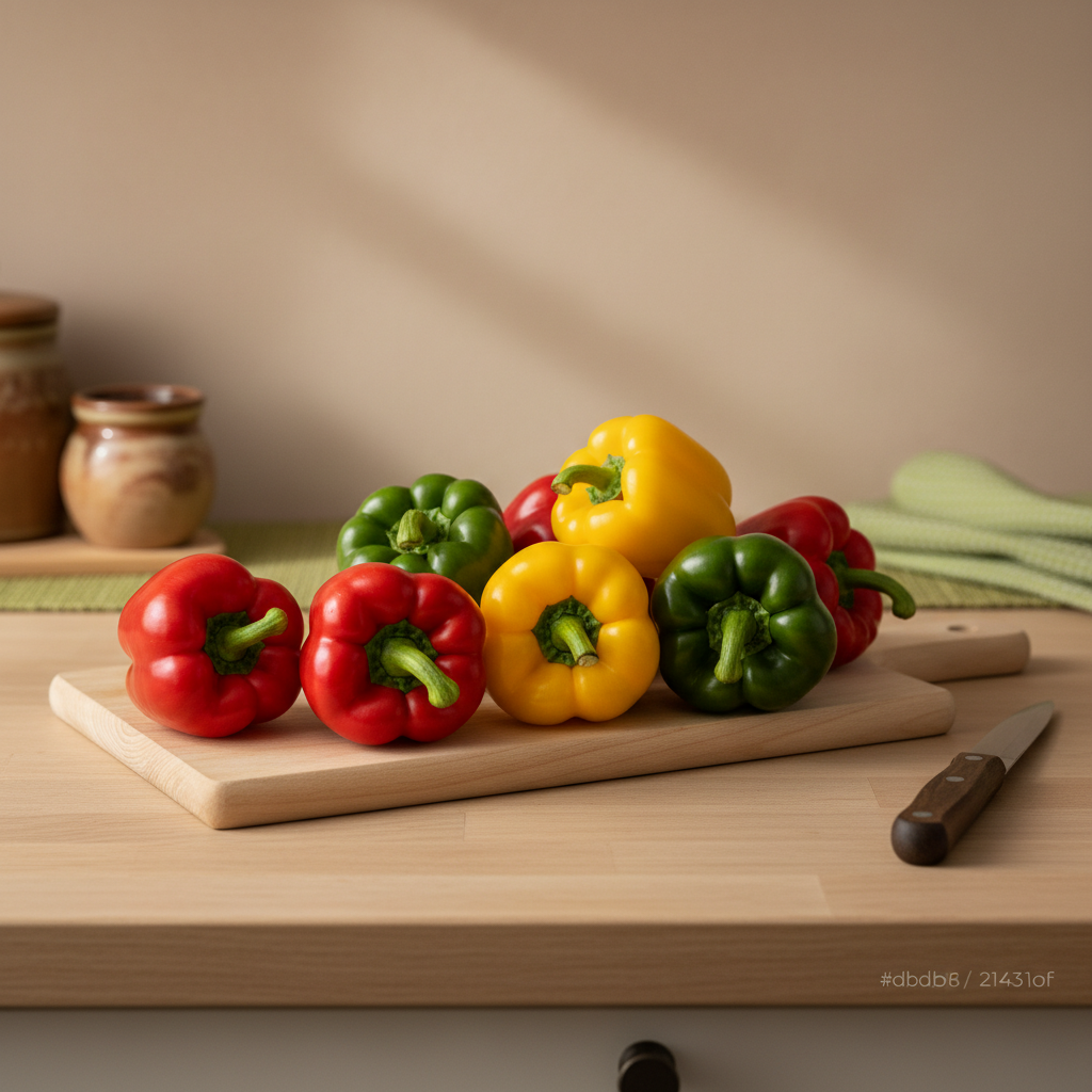 Nahaufnahme von frischen roten, gelben und grünen Paprika auf einem Holzschneidebrett in einer minimalistischen, warmen Küchenatmosphäre (Hintergrund #dbdbcf).