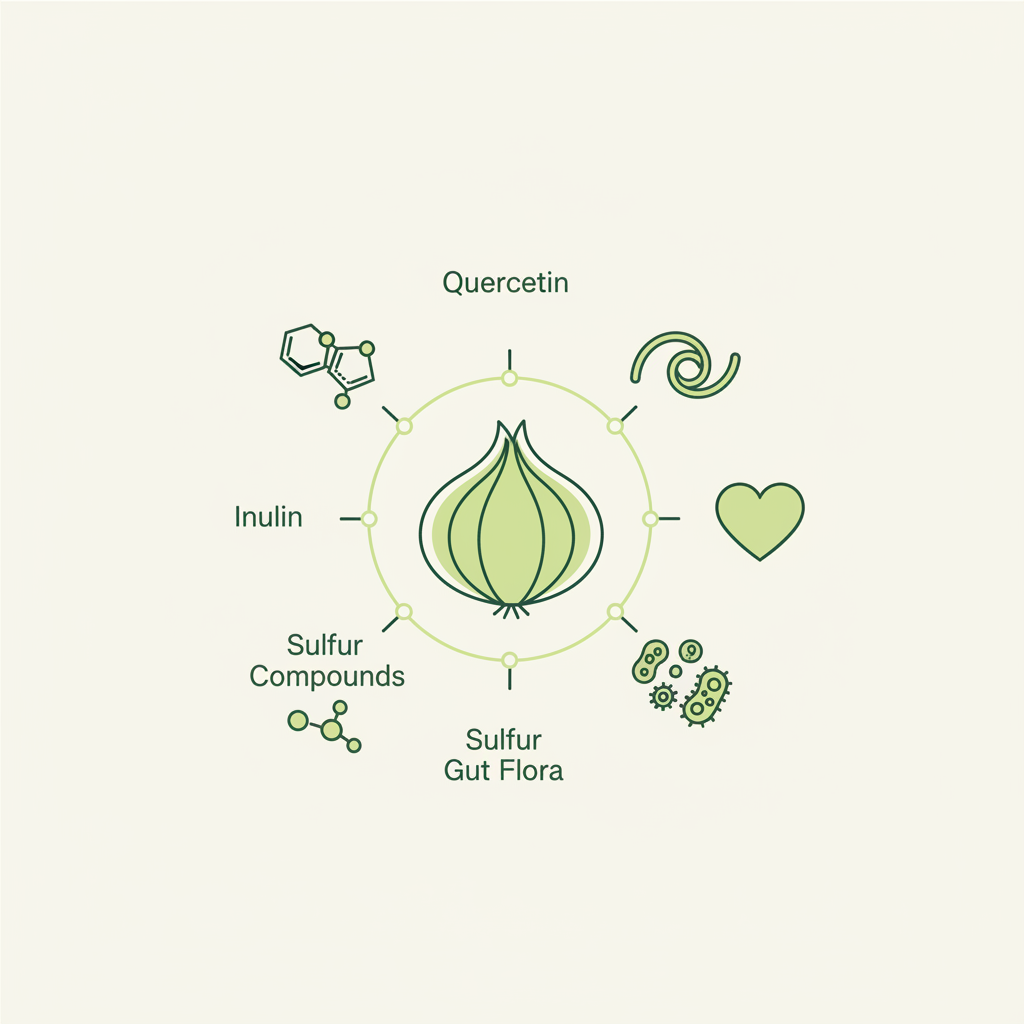 Minimalistische Vektor-Infografik einer Zwiebel mit Icons zu Zwiebel Inhaltsstoffe: Quercetin, Inulin, Schwefelverbindungen, Herz und Darmflora in Markenfarben.