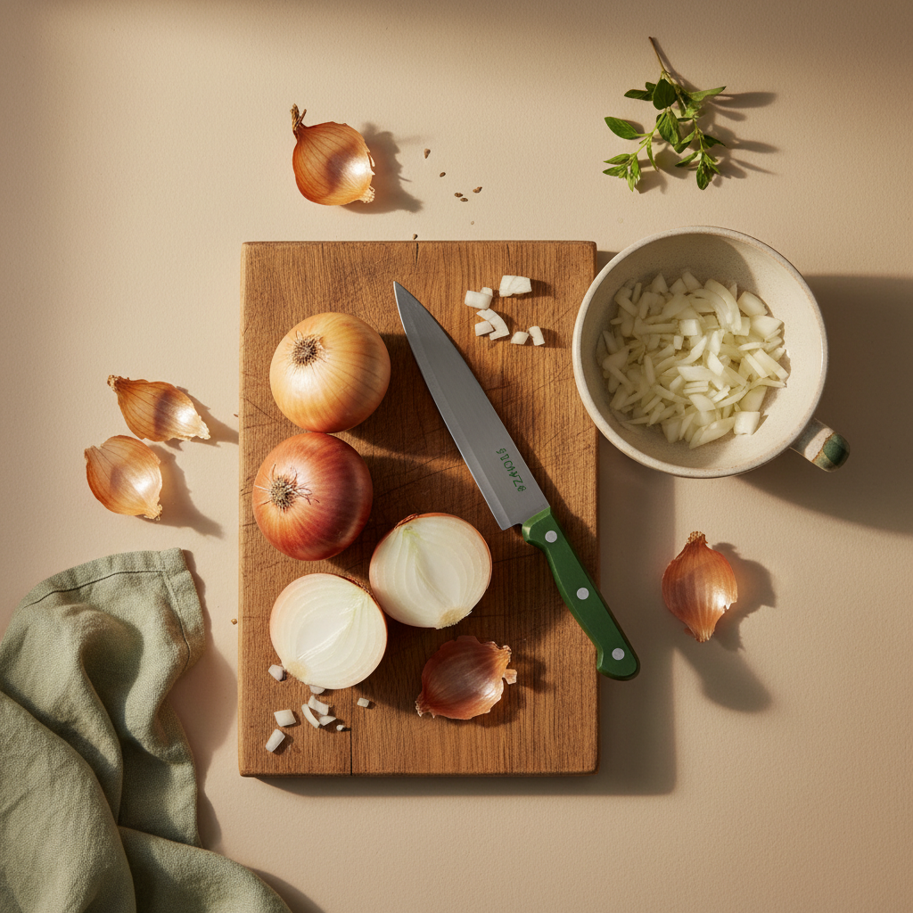 Warme, realistische Küchenaufnahme mit Zwiebeln auf rustikalem Holzbrett, Messer und Schüssel mit geschnittenen Zwiebeln vor #dbdbcf Hintergrund, dezente #a5cd8d Akzente – Zwiebel Inhaltsstoffe