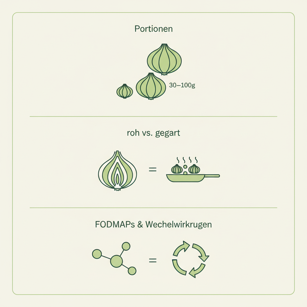 Minimalistische 2D-Infografik mit Vektor-Icons zu Portionen (30–100 g), roh vs. gegart, FODMAPs und Wechselwirkungen — wie viele Zwiebeln am Tag sind gesund