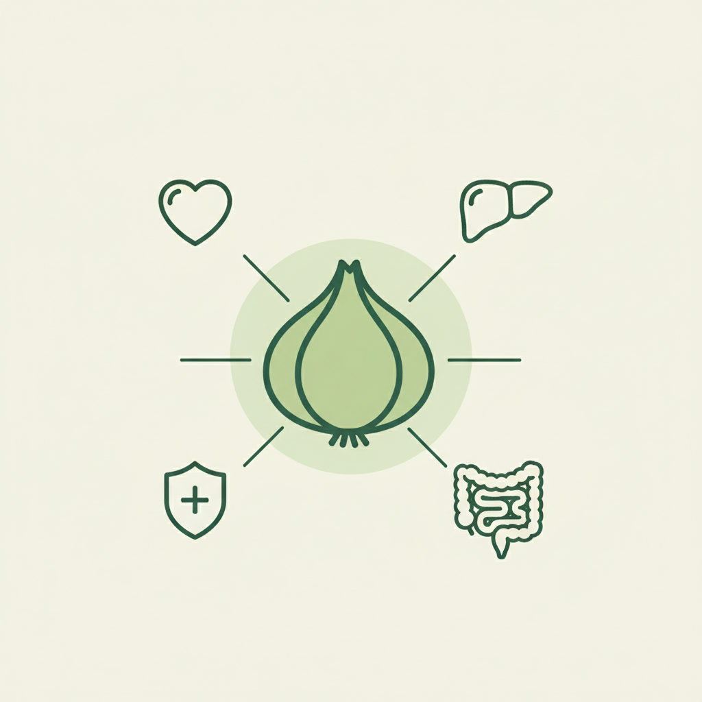 Minimalistische 2D-Vektor-Infografik: Zwiebel mit Icons für Herz, Leber, Darm und Immunsystem verbunden durch Linien – Für welches Organ sind Zwiebeln gut