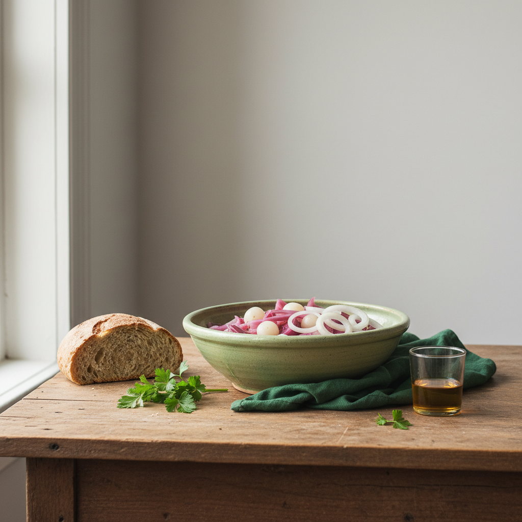 Heimische Küche mit Schüssel voller eingelegter und roher Zwiebeln, warmes minimalistisches Styling und natürliche Texturen – zwiebel roh essen