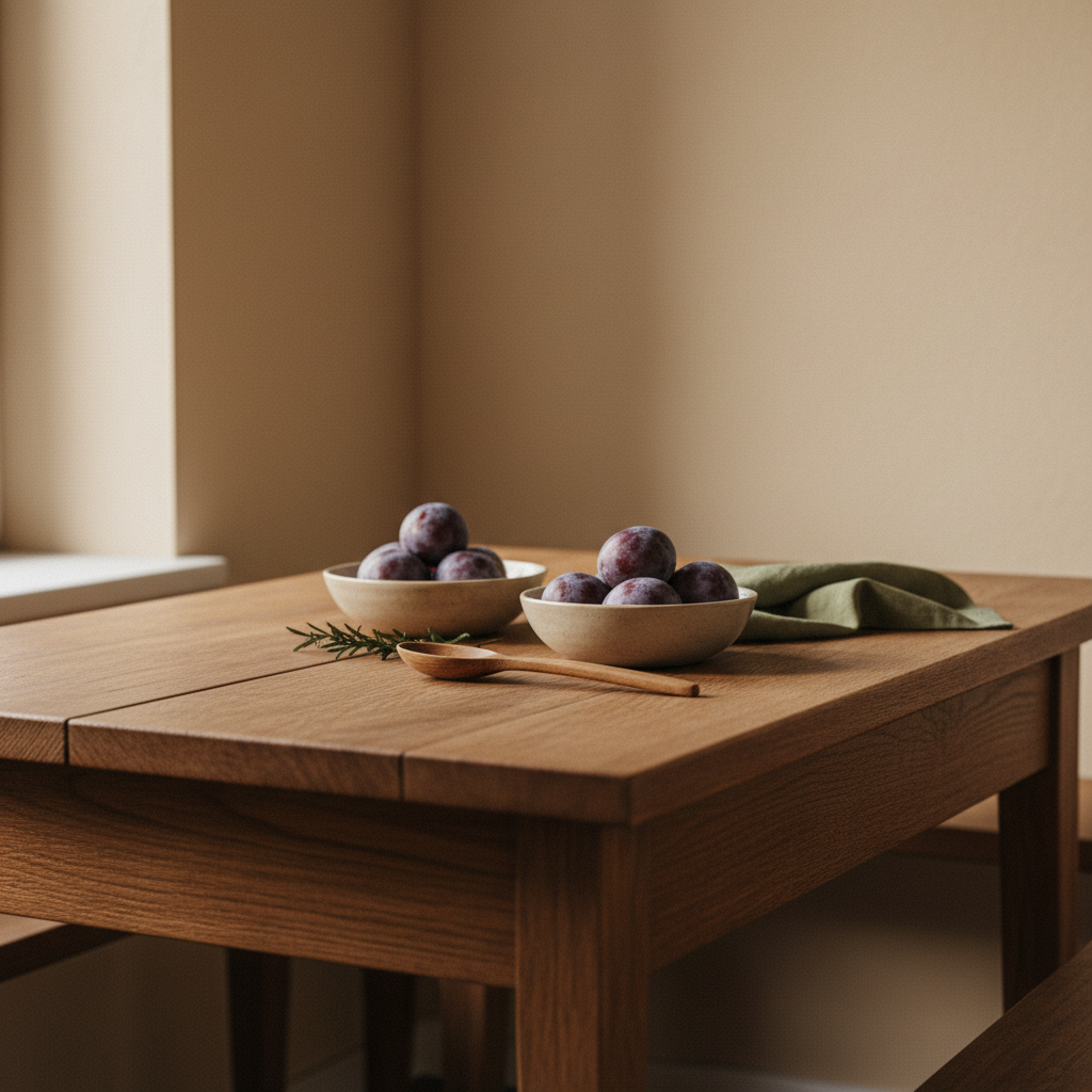 Heimelige ungarisch-rumänische Küchenszene mit Pflaumen in schlichter Keramik auf Holztisch – traditionelle Pflaumensorten, Hintergrund #dbdbcf, dezente Akzente #a5cd8d.