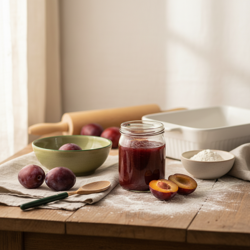 Nahaufnahme eines gedeckten Küchentisches mit frischen Pflaumen, geöffneter Glas Pflaumenmus, Teigrolle und Backform – beste Pflaumensorte im Fokus