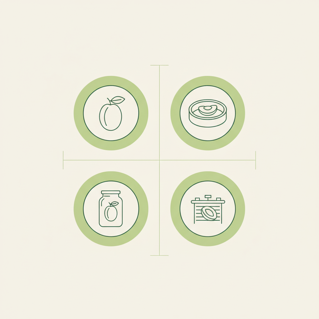 Minimalistische 2D-Vektor-Infografik zur beste Pflaumensorte mit vier Icons für Frischessen, Backen, Einmachen und Trocknen, Markenfarben #dbdbcf #a5cd8d #21431f