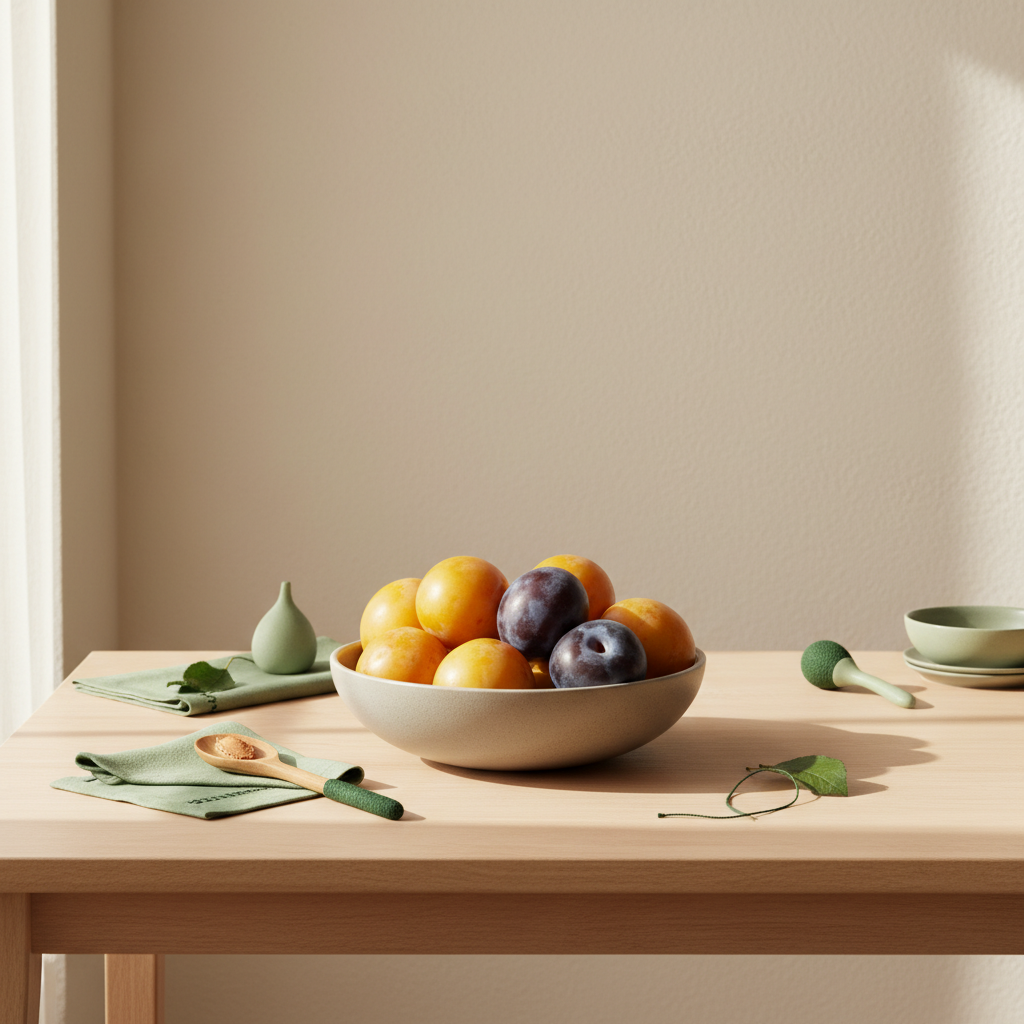 Schale mit großen Pflaumen (Reine-Claude, Prune, Zwetschgen) auf hellem Holz, Hintergrund #dbdbcf, dezente Akzente #a5cd8d, Schriftfarbe-Akzent #21431f, minimalistisch.