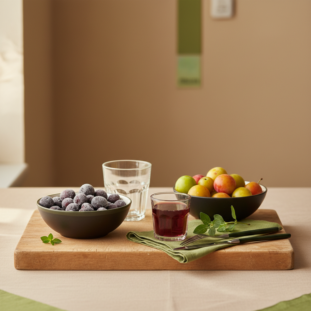 Heimelige, minimalistische Küchenaufnahme mit gefrorenen Schlehen, frisch geernteten Wildpflaumen (Kirschpflaumen) und einem Glas Schlehenlikör vor hellem #dbdbcf Hintergrund.