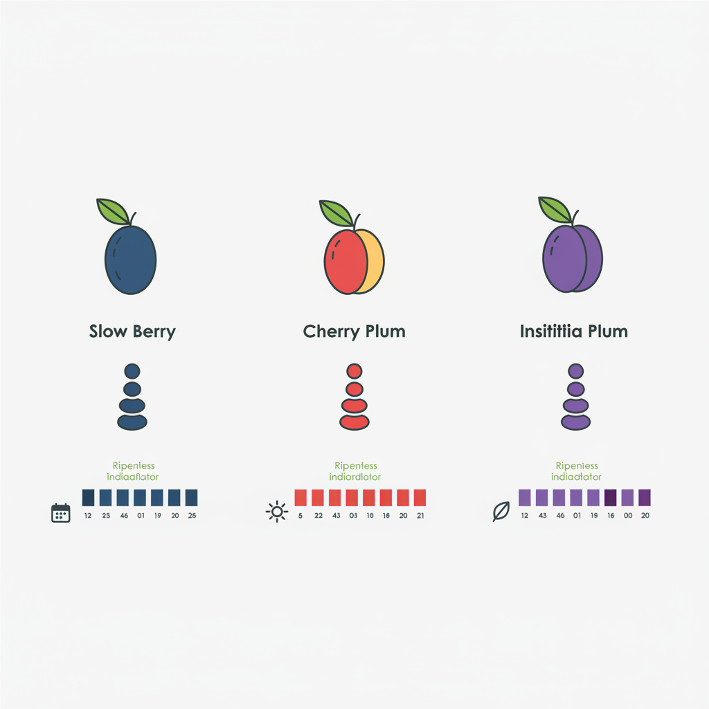 Minimalistische 2D-Vektor-Infografik mit drei vertikalen Icons für Schlehe, Kirschpflaume und Insititia (Wildpflaumen), farbcodiert mit visuellen Symbolen für Fruchtgröße und Reife.