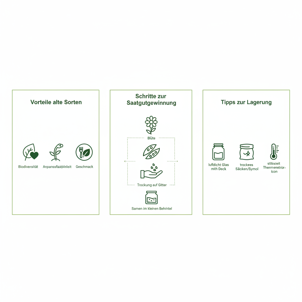 Minimalistische 2D-Vektor-Infografik zu alten Sorten mit Icons für Vorteile, Saatgutgewinnung und Lagerung, Farbschema #dbdbcf/#a5cd8d/#21431f