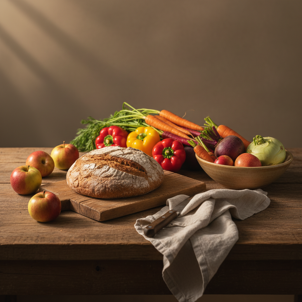 Heimeliges Küchenstillleben mit Urgetreidebrot, buntem Gemüse und alten Apfelsorten – alte Sorten auf einfachem Holztisch bei warmem, natürlichem Licht.