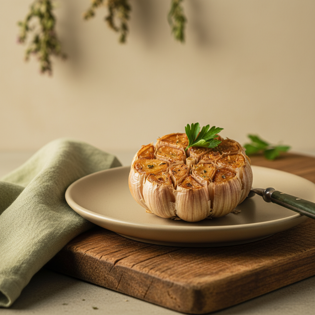 Gerösteter Elefantenknoblauch auf neutralem Teller vor hellbeigem Hintergrund #dbdbcf, minimalistische heimelige ungarisch/rumänische Küchenkomposition mit Akzenten #a5cd8d und #21431f