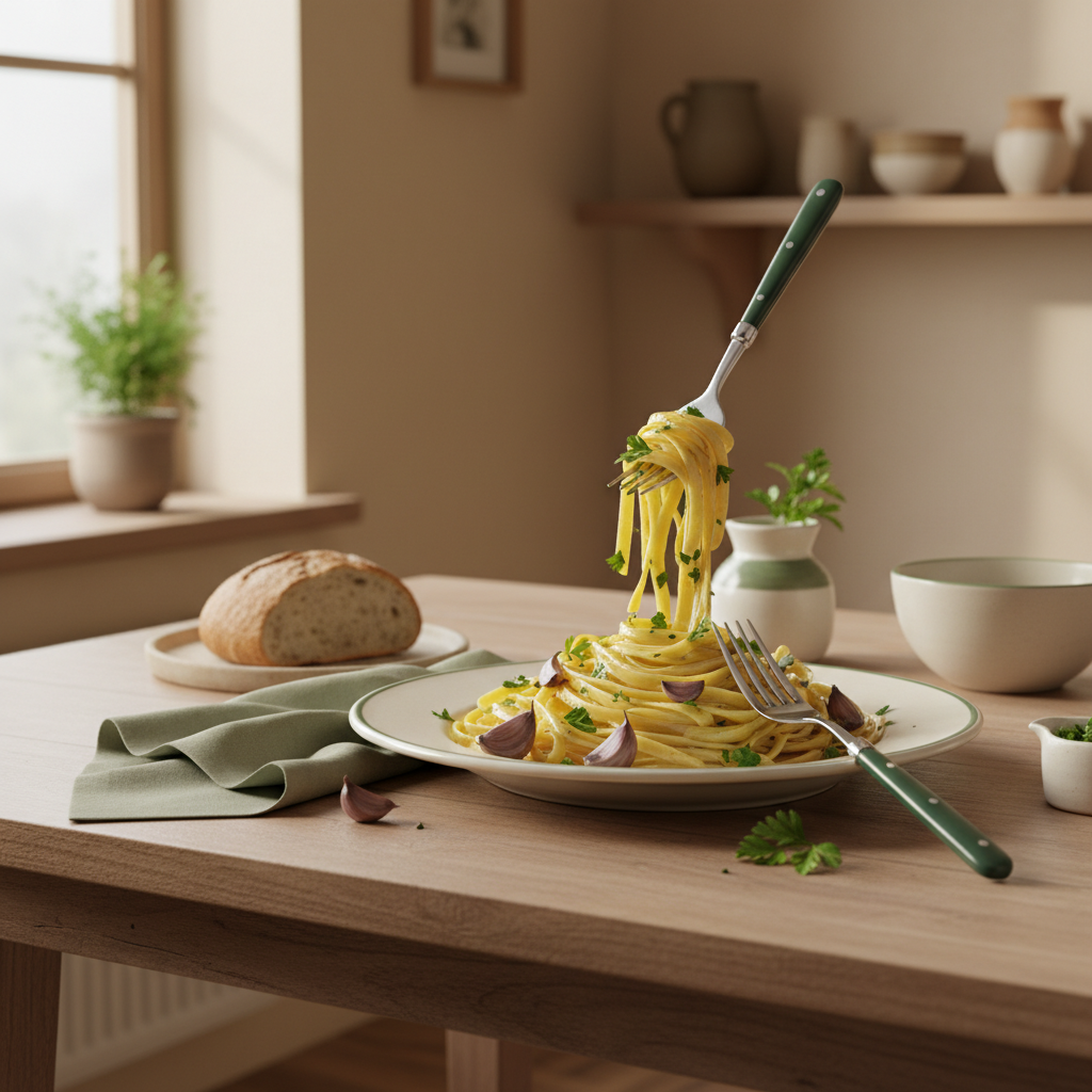 30‑Minuten‑Pasta mit schwarzem Knoblauch auf minimalistischem, warmem Küchentisch im europäischen Stil – Wie viel schwarzen Knoblauch sollte man täglich essen?