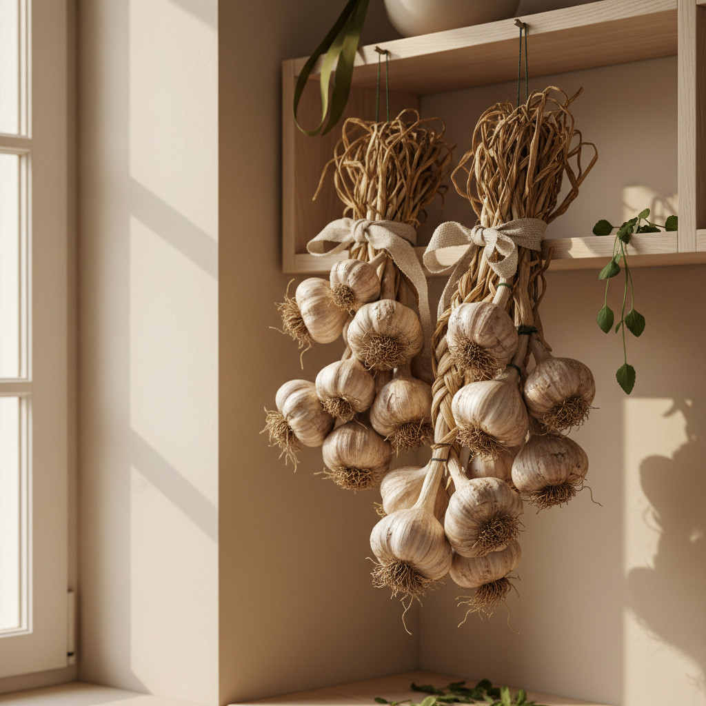 Nahaufnahme von locker gebündeltem Elefantenknoblauch zum Trocknen auf einem Holzregal in einer hellen, minimalistischen Küche (Hintergrund #dbdbcf, Akzent #a5cd8d).