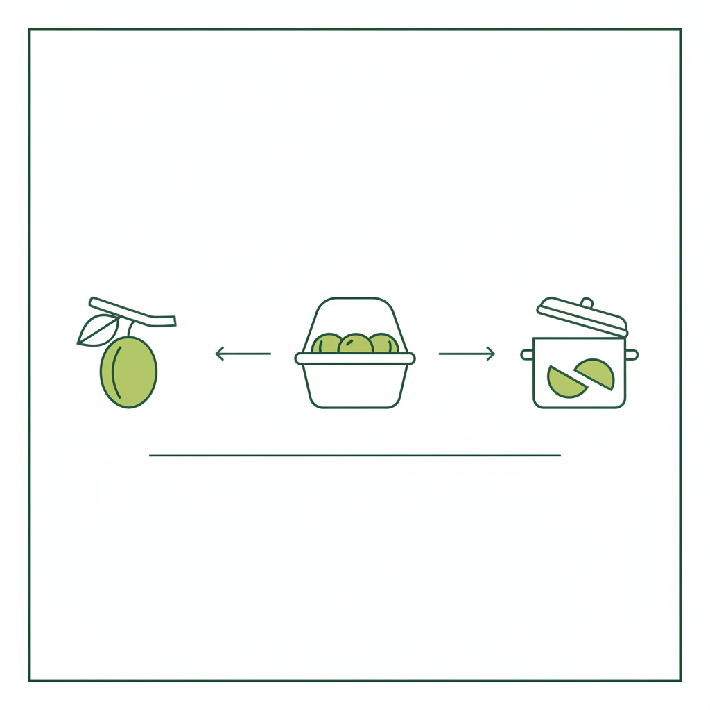 Minimalistische 2D-Vektor-Infografik mit drei Icons (Erkennen, Sammeln, Verarbeiten) passend zum Thema wilde Pflaumen essen, Hintergrund #dbdbcf, Akzent #a5cd8d.