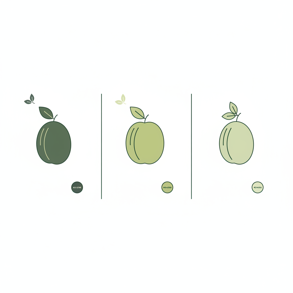 Minimalistische 2D-Vektorinfografik mit Schlehe, Kirschpflaume und Mirabelle, farbcodierte Silhouetten zur Unterstützung beim wilden Pflaumen bestimmen, Hintergrund #dbdbcf.