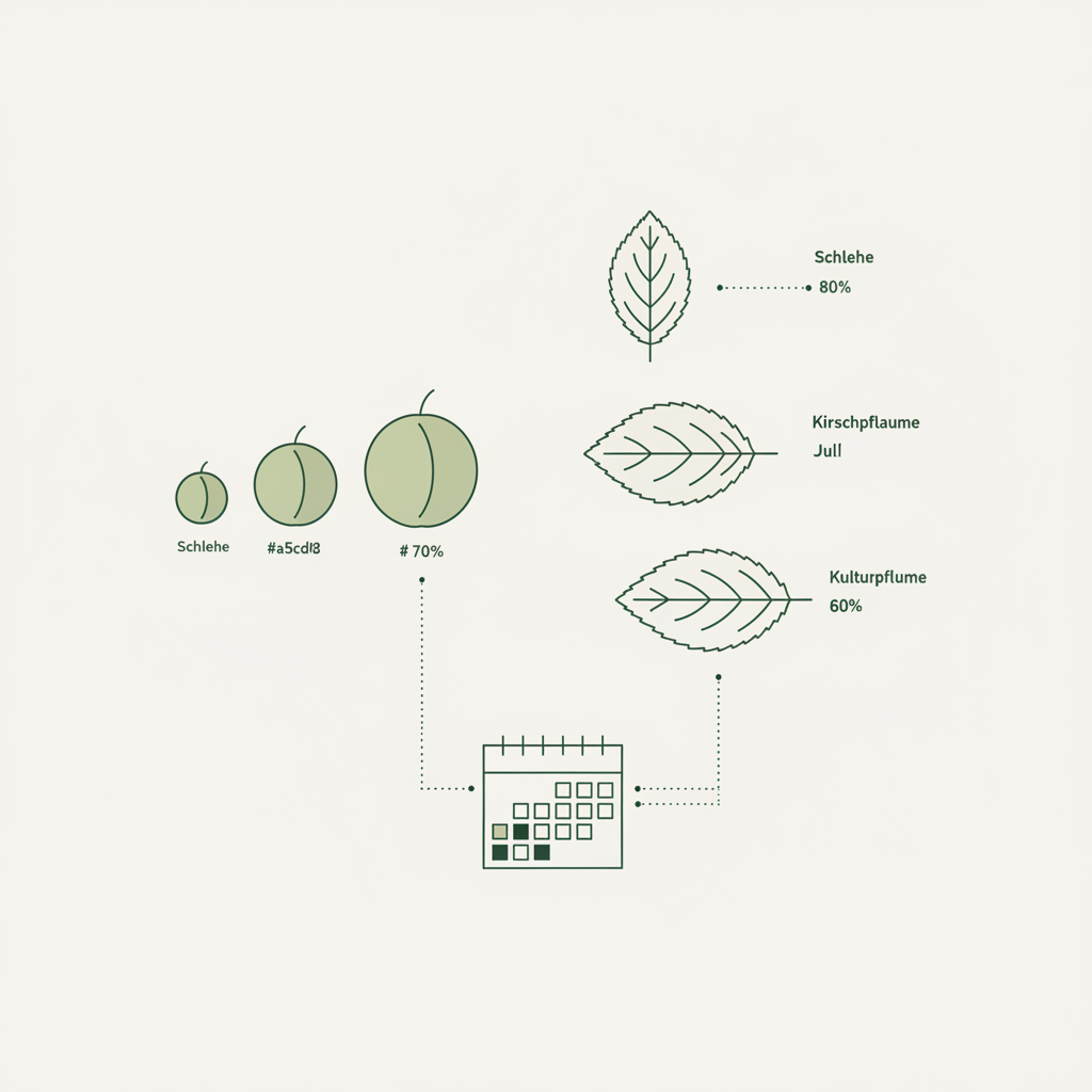 Minimalistische 2D-Vektor-Infografik zum Wildpflaumen bestimmen: Größenvergleich Schlehe, Kirschpflaume, Kulturpflaume, Blattformen und Erntemonate als Kalender-Icons.