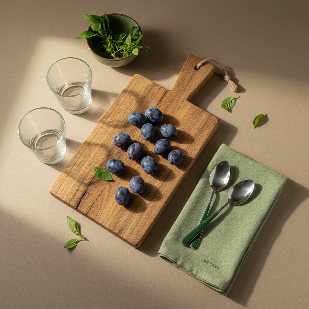 Heimelige europäische Küchenaufnahme mit Wildpflaumen auf Holzbrett, sauberen Gläsern, Löffeln und dezenten Brandfarben (#dbdbcf, #a5cd8d, #21431f), minimalistisch und warm