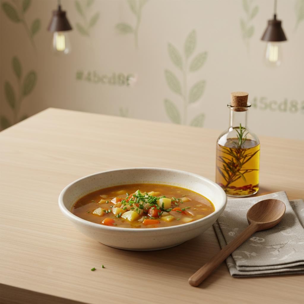 Minimalistisches Full-Frame-Foto eines Küchentischs mit Gemüsesuppe, frischem Schnittlauch, kleinem Kräuterölglas und sichtbaren Gemüsezwiebeln vor Hintergrund #dbdbcf.