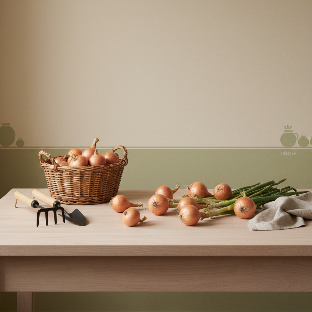 Wann nimmt man Gemüsezwiebeln? Vollbild einer heimischen europäischen Küche mit geernteten Gemüsezwiebeln auf Holztisch, rustikalem Korb und Gartenwerkzeug, warme Beleuchtung, Hintergrund #dbdbcf