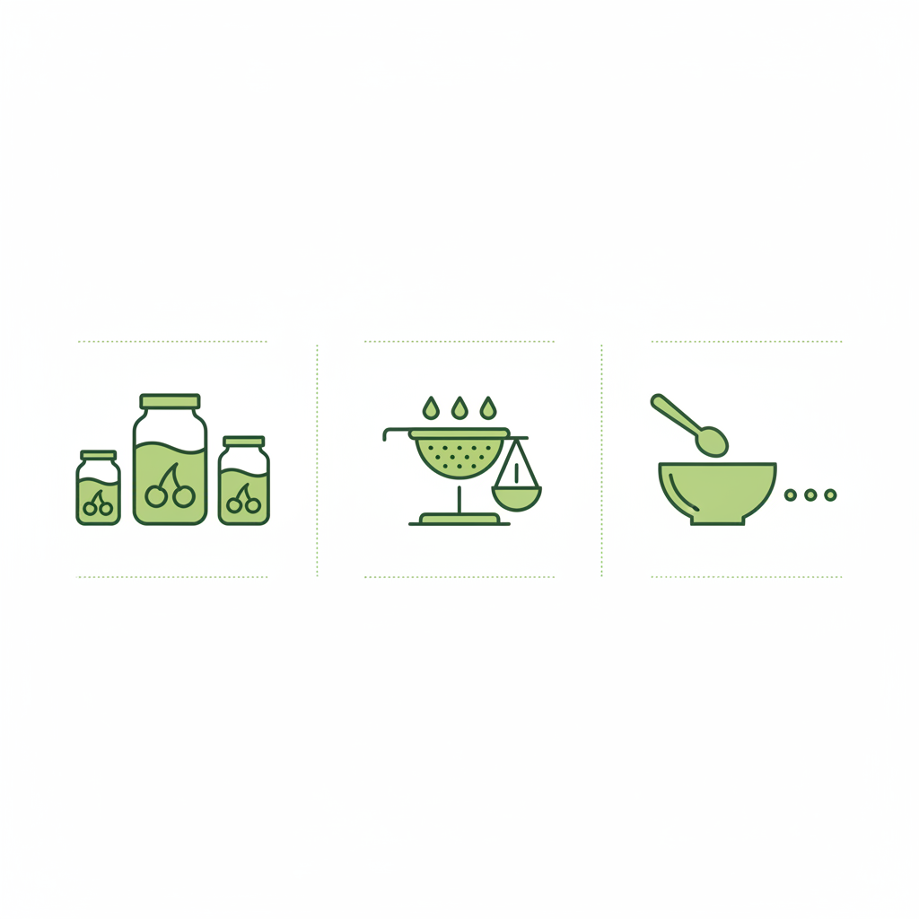 Minimalistische Vektorinfografik zu Sauerkirschen mit Icons für Glasgrößen, Abtropfgewicht und Rezepte, Hintergrund #dbdbcf, Akzente #a5cd8d und #21431f