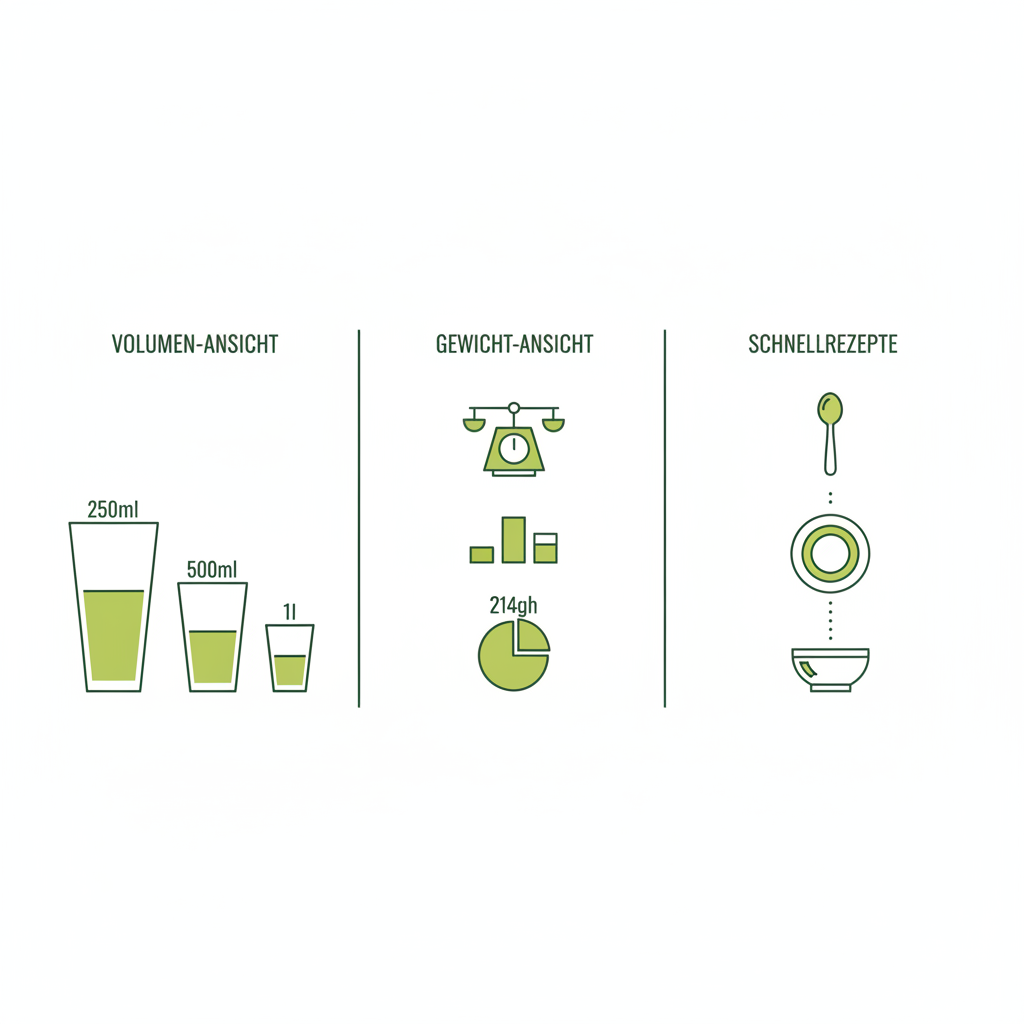 Minimalistische 2D-Vektorinfografik mit Glas Sauerkirschen, Icons für Volumen, Gewicht und drei schnellen Rezeptschritten in Schnell Lecker Farben.