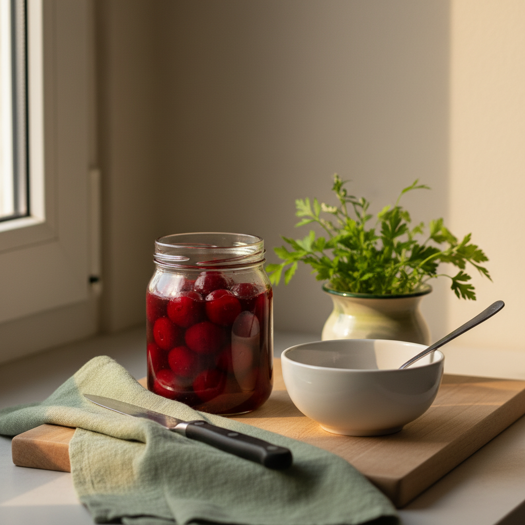 Wie kann ich ein Glas Sauerkirschen andicken? Ruhiges Küchenstillleben mit offenem Glas Sauerkirschen, Schüssel mit Löffel und frischen Kräutern auf Hintergrund #dbdbcf, Akzent #a5cd8d.