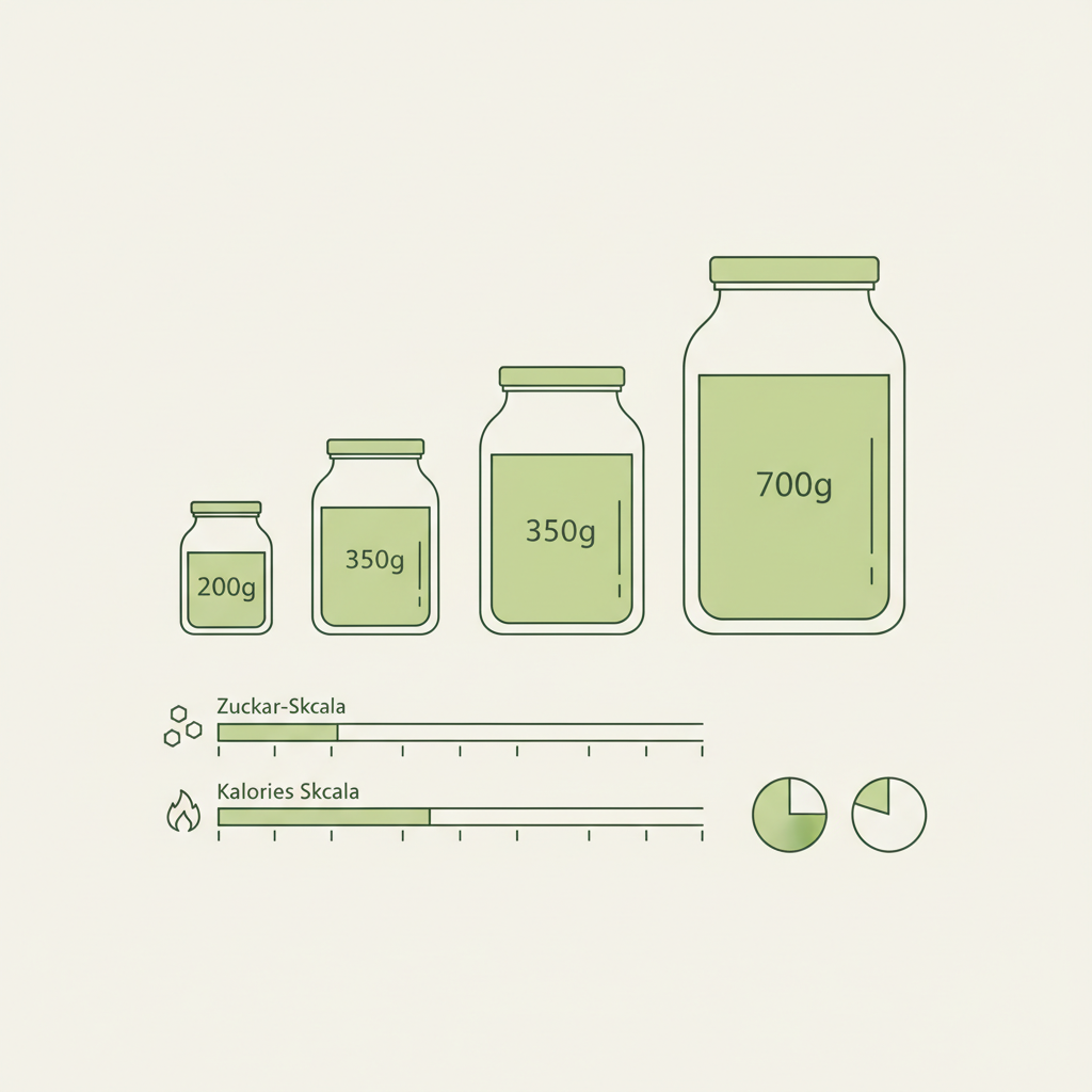 Minimalistische Vektorinfografik mit drei proportionalen Gläsern (200g/350g/700g), Zucker- und Kalorienskalen sowie kleinen Tortendiagrammen — 1 Glas Sauerkirschen Kalorien