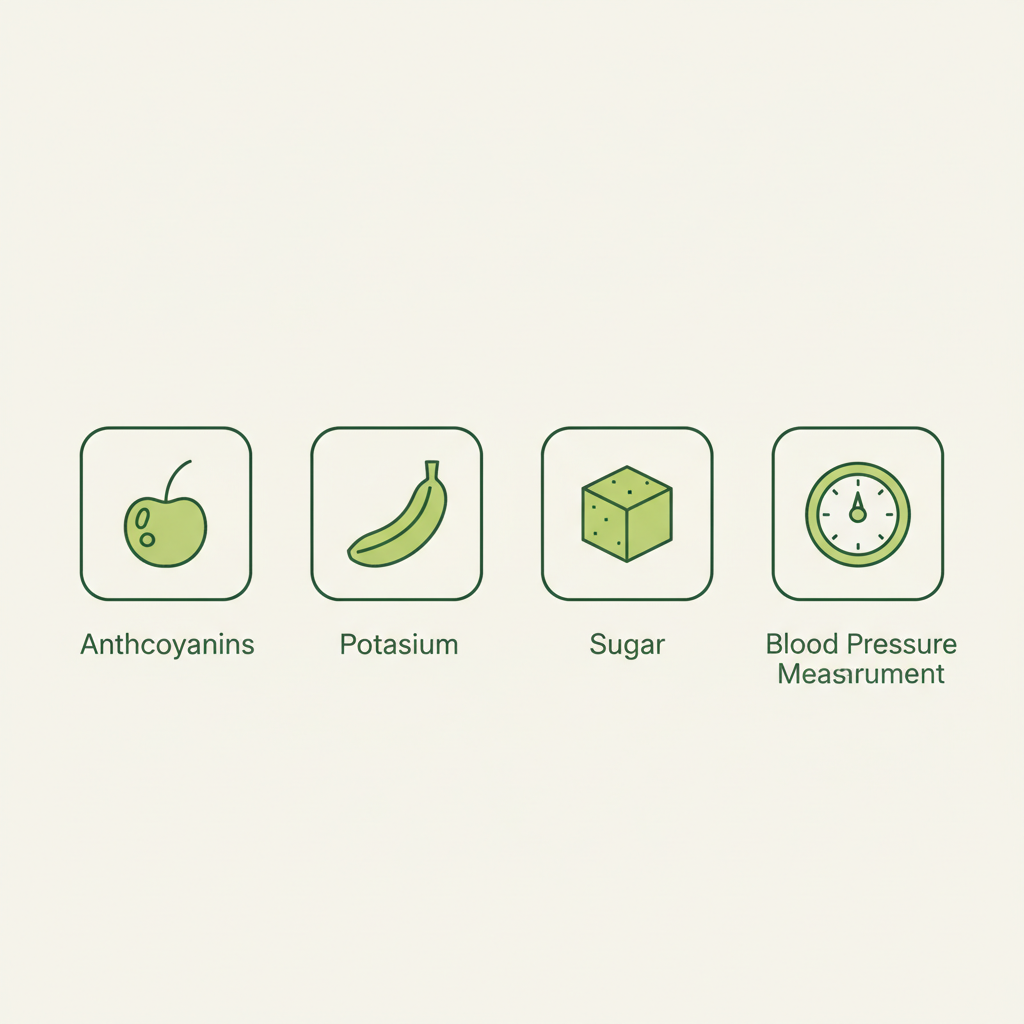 Minimalistische 2D-Vektorinfografik mit vier Icons (Sauerkirsche für Anthocyane, Banane für Kalium, Zuckerwürfel, Blutdruckmessgerät) in Schnell Lecker Farben – Sauerkirschsaft Blutdruck