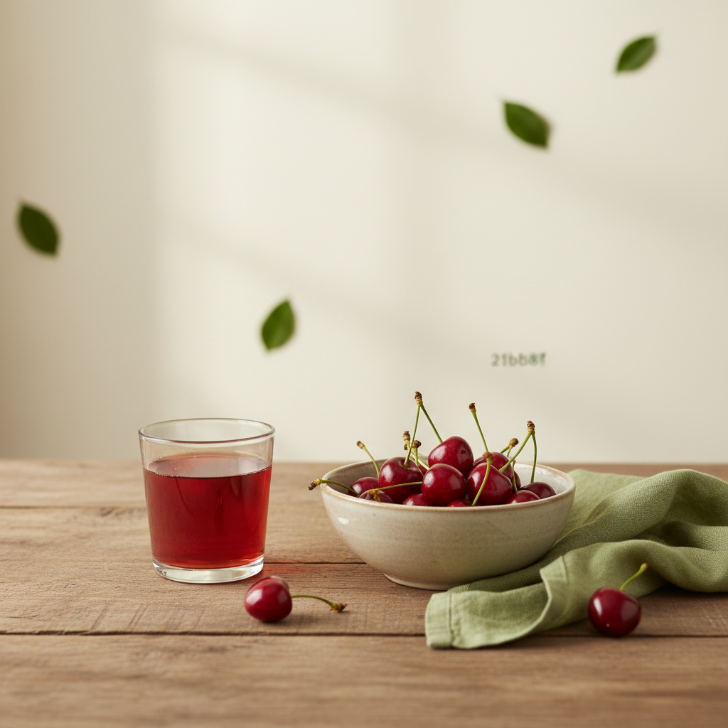 Nahaufnahme: kleines Glas mit verdünntem Sauerkirschsaft auf Holztisch, Schale frischer Kirschen und natürliche Leinen in Markenfarben #dbdbcf und #a5cd8d – Sauerkirschsaft Blutdruck