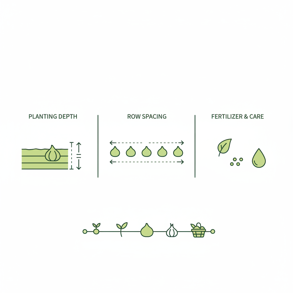 Minimalistische 2D-Vektor-Infografik: Knoblauch im Frühling mit Icons für Pflanztiefe, Reihenabstand, Dünger und Ernte-Zeitleiste in Markenfarben