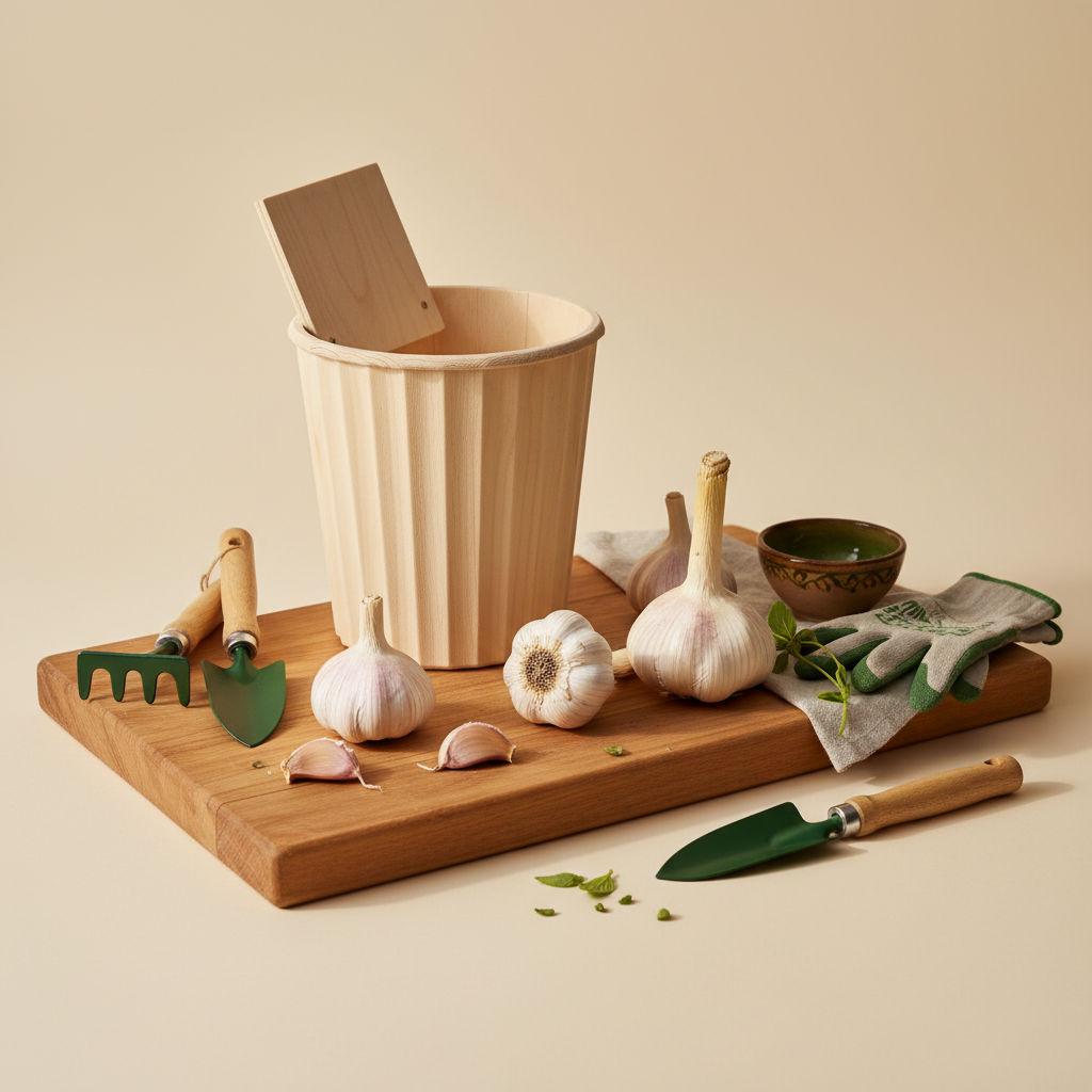 Knoblauch im Frühling: Holzbrett mit Knoblauchknollen, Elefantenknoblauch, kleiner Kompostkiste und Gartenwerkzeug vor hellem Hintergrund #dbdbcf, dezente Akzente #a5cd8d.