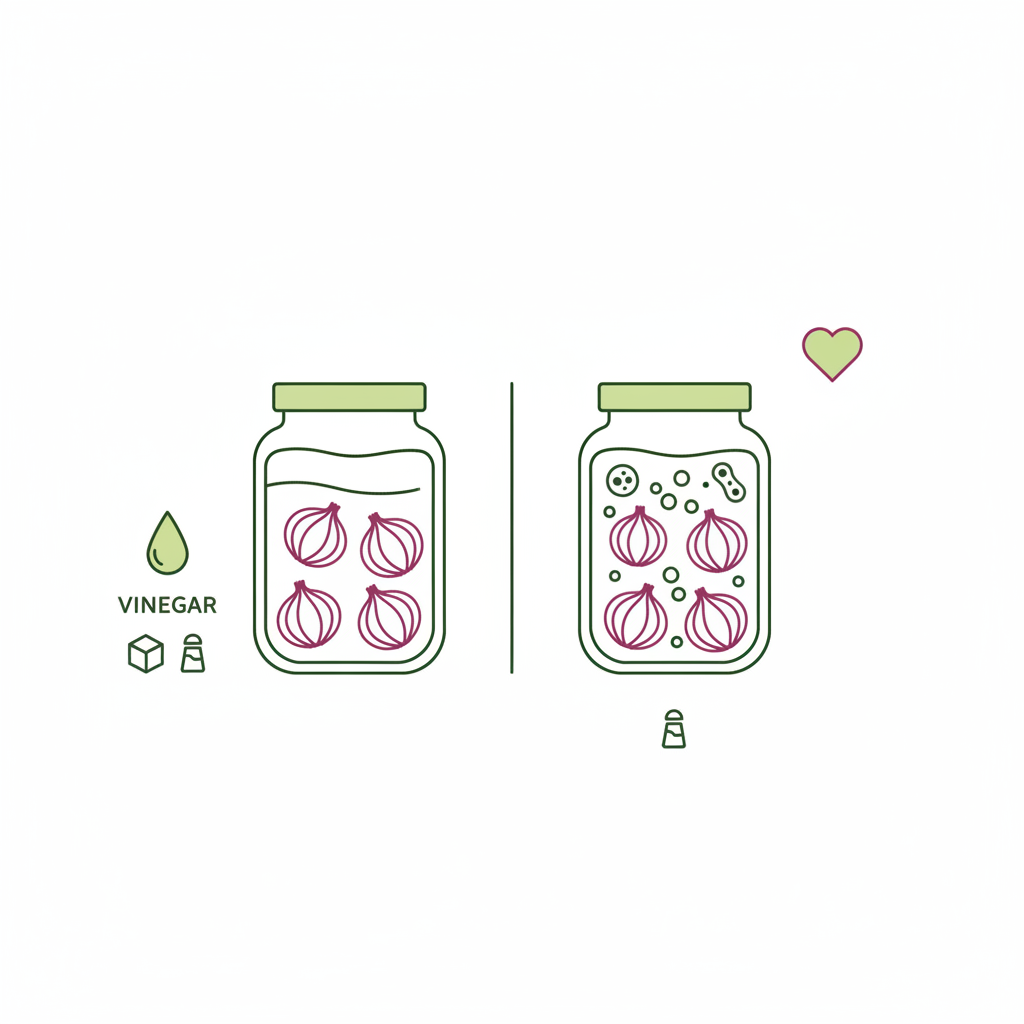 Vergleichsillustration: zwei Vektor-Gläser (Essigzwiebeln vs. fermentierte Zwiebeln) mit Salz-, Zucker- und Herz-Icon in Markenfarben — sind eingelegte zwiebeln auch gesund
