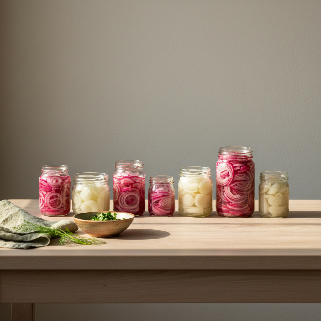 sind eingelegte zwiebeln auch gesund – Foto: Gläser mit eingelegten, eingelegten Zwiebeln auf Holztisch, warmes Seitenlicht, minimalistischer Küchenhintergrund #dbdbcf, Akzent #a5cd8d, keine Personen