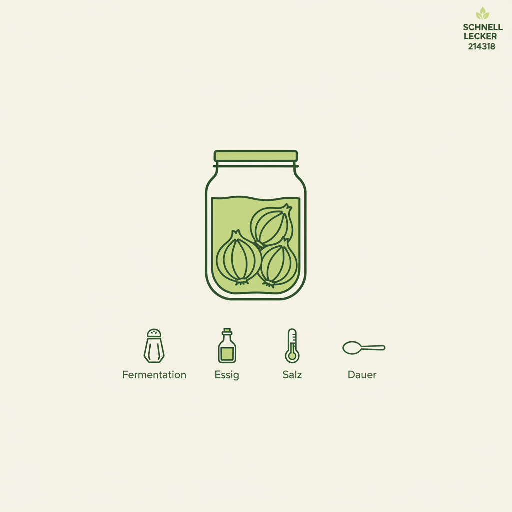 Minimalistische 2D-Vektor-Infografik mit Einmachglas und Icons für Fermentation, Essig, Salz, Dauer in Schnell-Lecker-Farben – sind eingelegte Zwiebeln gesund