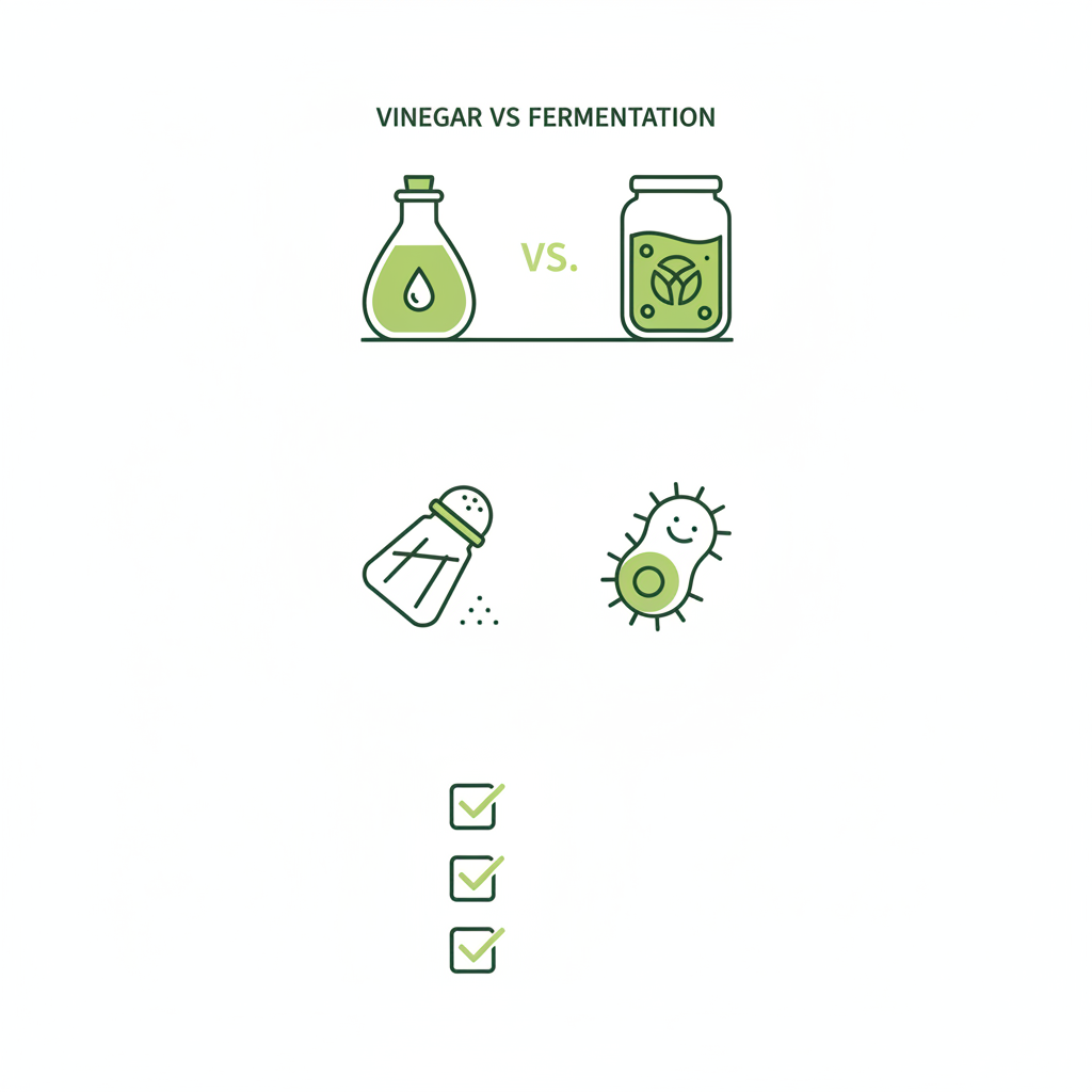 Minimalistische Vektor-Infografik mit Icons für Essig vs Fermentation, Salzstreuer, Bakterien und Checkliste auf hellem Hintergrund – sind zwiebeln aus dem glas gesund