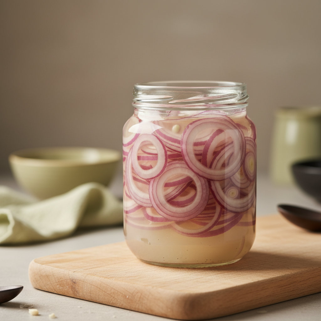 Nahaufnahme eines geöffneten Glases mit in Lake eingelegten roten Zwiebeln auf Holzbrett in sauberer, warmer Küchenumgebung, Markenfarben; sind zwiebeln aus dem glas gesund