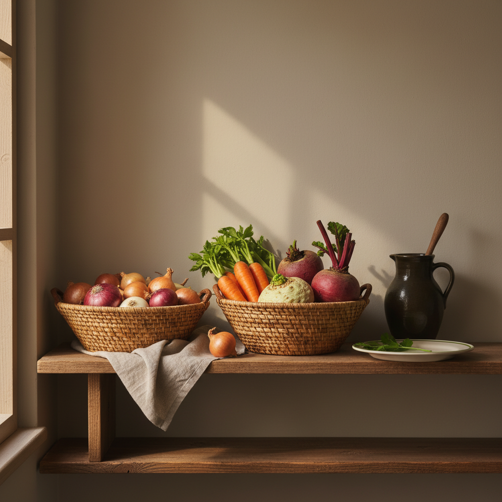 Nahaufnahme eines rustikalen Küchenregals mit Körben voller Zwiebeln und Wurzelgemüse, warmes Licht, #dbdbcf Hintergrund, dezente #a5cd8d Akzente