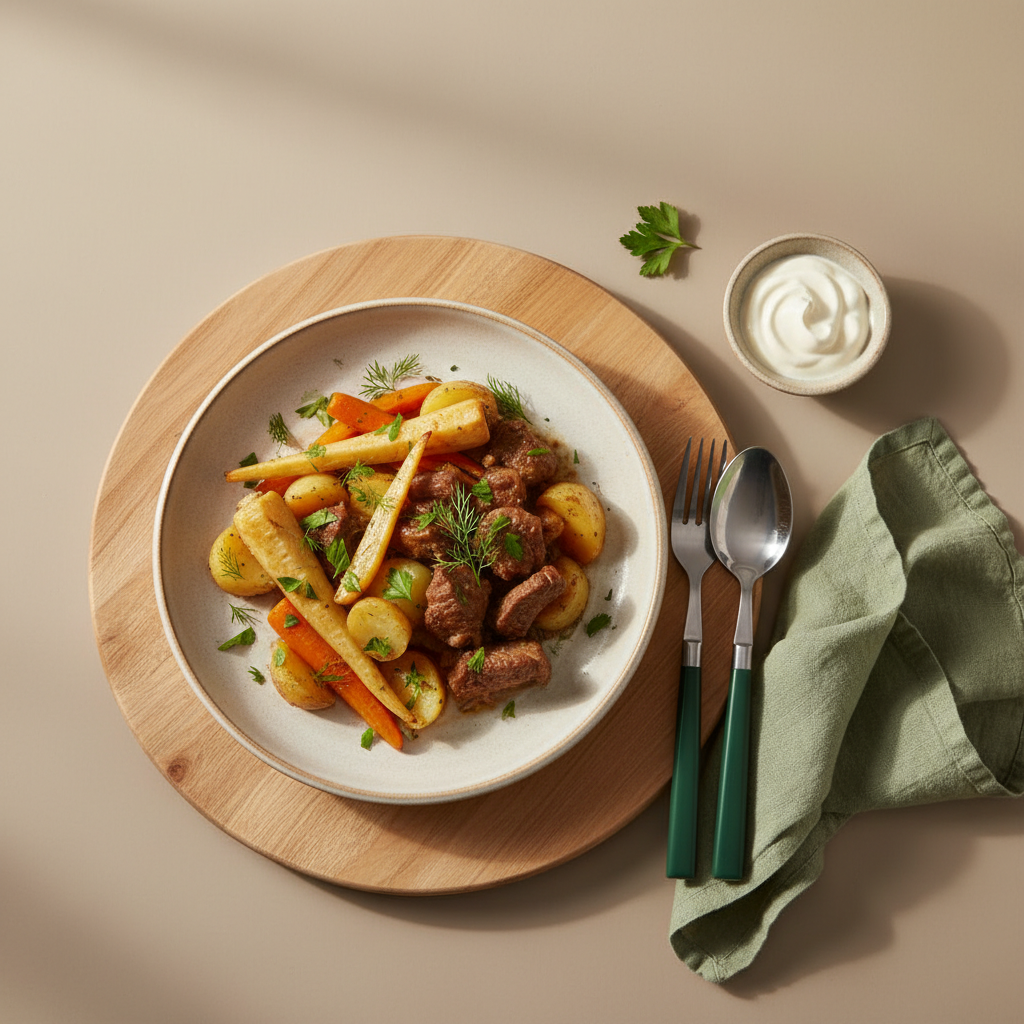 Aprikosenkern giftig: Vollformat-Küchenbild mit schlichtem Tellergericht, frischen Kräutern auf Holzunterlage, warmes Licht und dezente Farbakzente (#dbdbcf, #a5cd8d, #21431f).