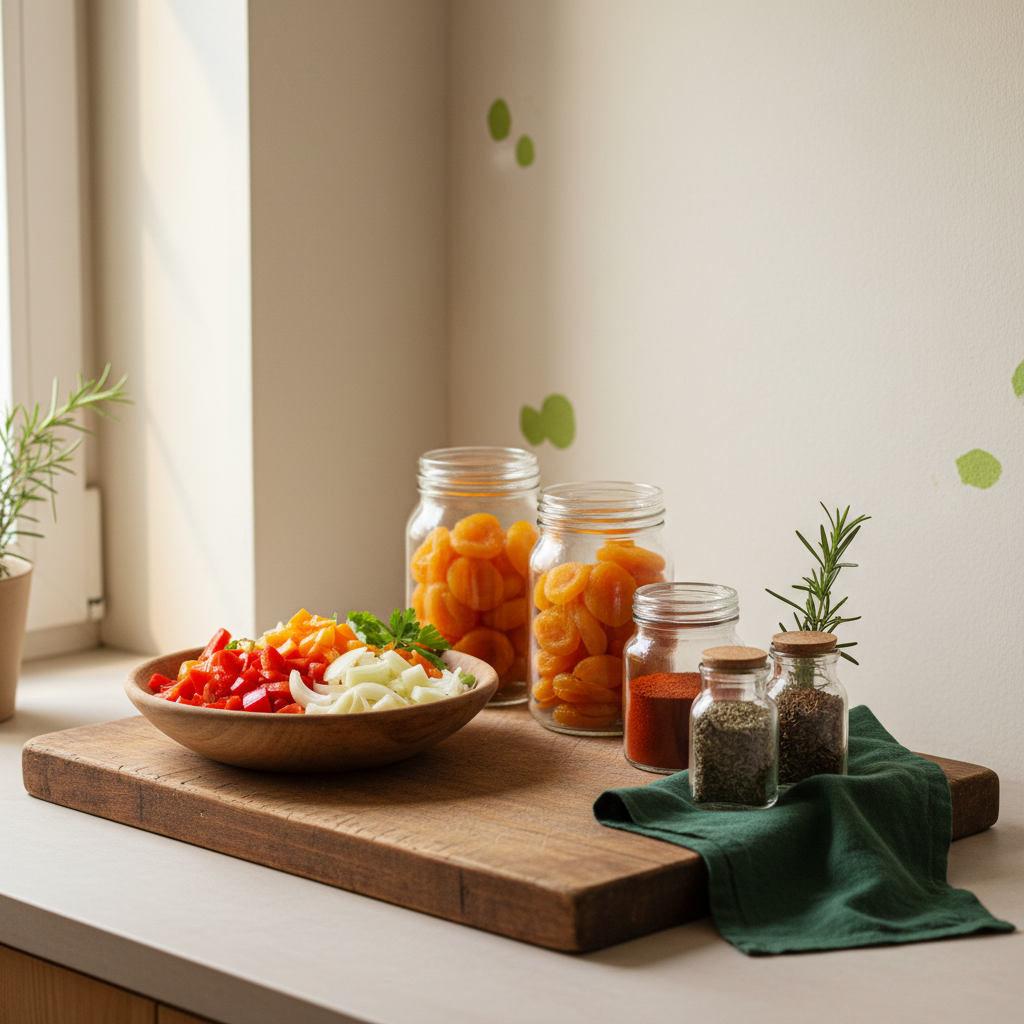 Warme, minimalistische Küchenaufnahme mit Schüssel gehackter Zutaten, Holz‑Schneidebrett und Gläsern mit Gewürzen; im Bild sichtbar: getrocknete Aprikosen, Hintergrund #dbdbcf.