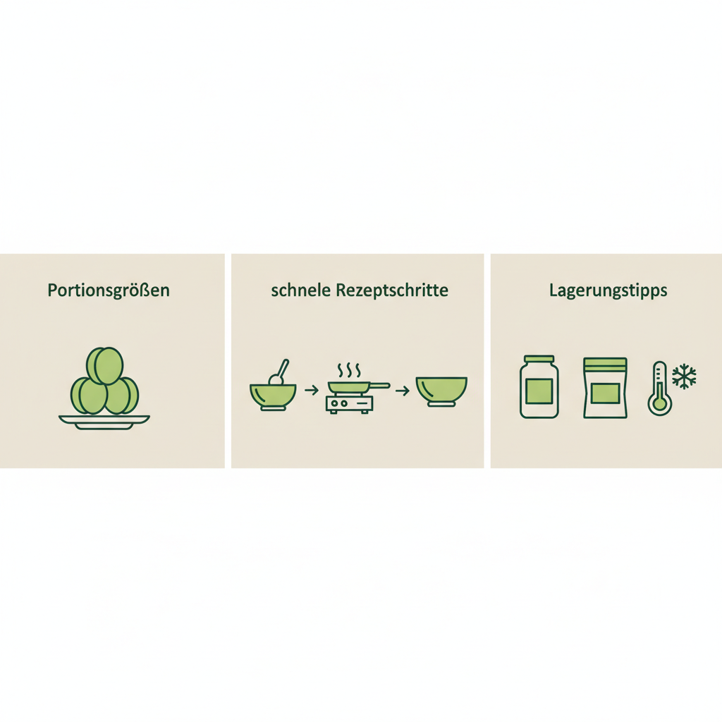 Minimalistische Vektor-Infografik zu getrocknete Aprikosen mit Portionsicons, schnellen Rezeptschritt-Piktogrammen und Lagerungstipps in Schnell Lecker Farben.